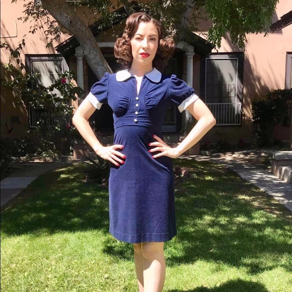 Vintage 1970s does 1930s Navy Fleece Dress XS - Picture 2 of 7
